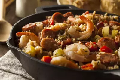 jambalaya with sausage, chicken, and shrimp